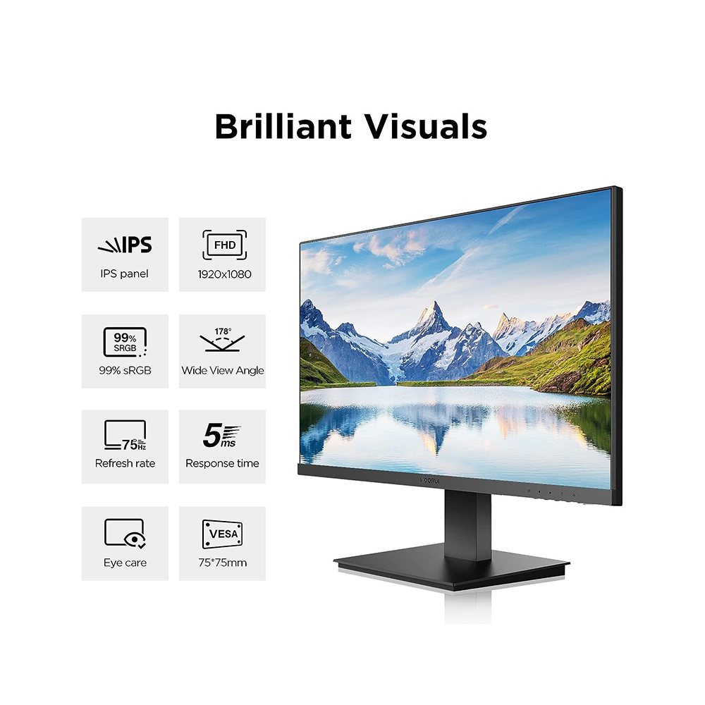 KOORUI Monitor 24 Zoll, Full HD Rahmenlos Bildschirm 16:9 IPS-Panel (75Hz, 5ms, Eye-Care, 1920 x 1080, HDMI, VGA, VESA 75x75)