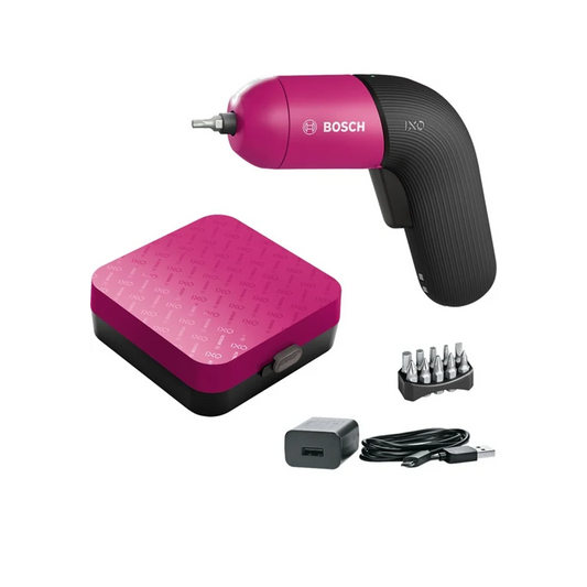 Bosch Akkuschrauber IXO Set mit Ladestation (6. Generation, Pink , variable Drehzahlsteuerung, über mitgeliefertes Ladegerät und Micro-USB-Kabel aufladbar, in Plastikschachtel)