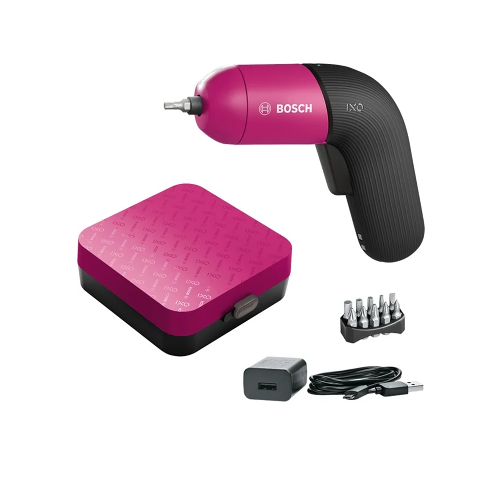 Bosch Akkuschrauber IXO Set mit Ladestation (6. Generation, Pink , variable Drehzahlsteuerung, über mitgeliefertes Ladegerät und Micro-USB-Kabel aufladbar, in Plastikschachtel)
